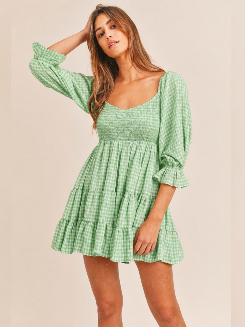 MABLE Smocked Tiered Mini Dress in Lime Green Gingham